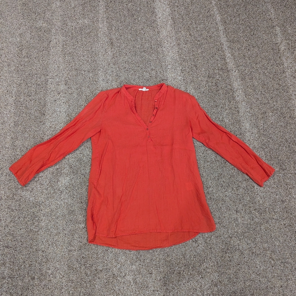 Eileen Fisher 100% Organic Irish Linen petite red 1/4 button up tunic